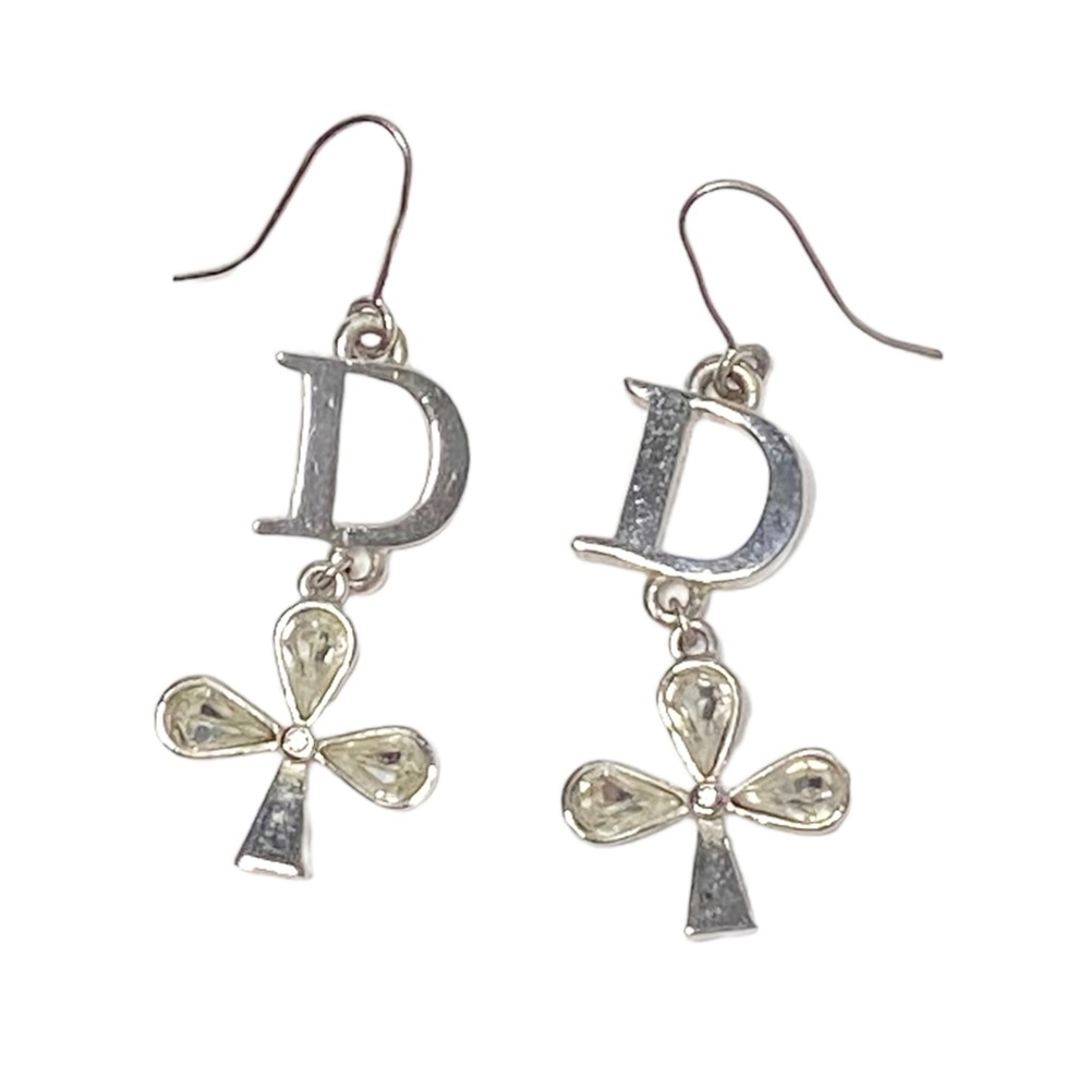 AUTH VTG Christian Dior Silver D Charm Logo Crystal Clover Dangle Hook Earrings - Picture 4 of 13